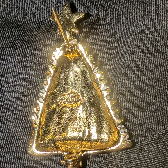 Vintage Donni Flocked Christmas Tree Brooch Porcelain Gold Tone - Picture 9 of 10